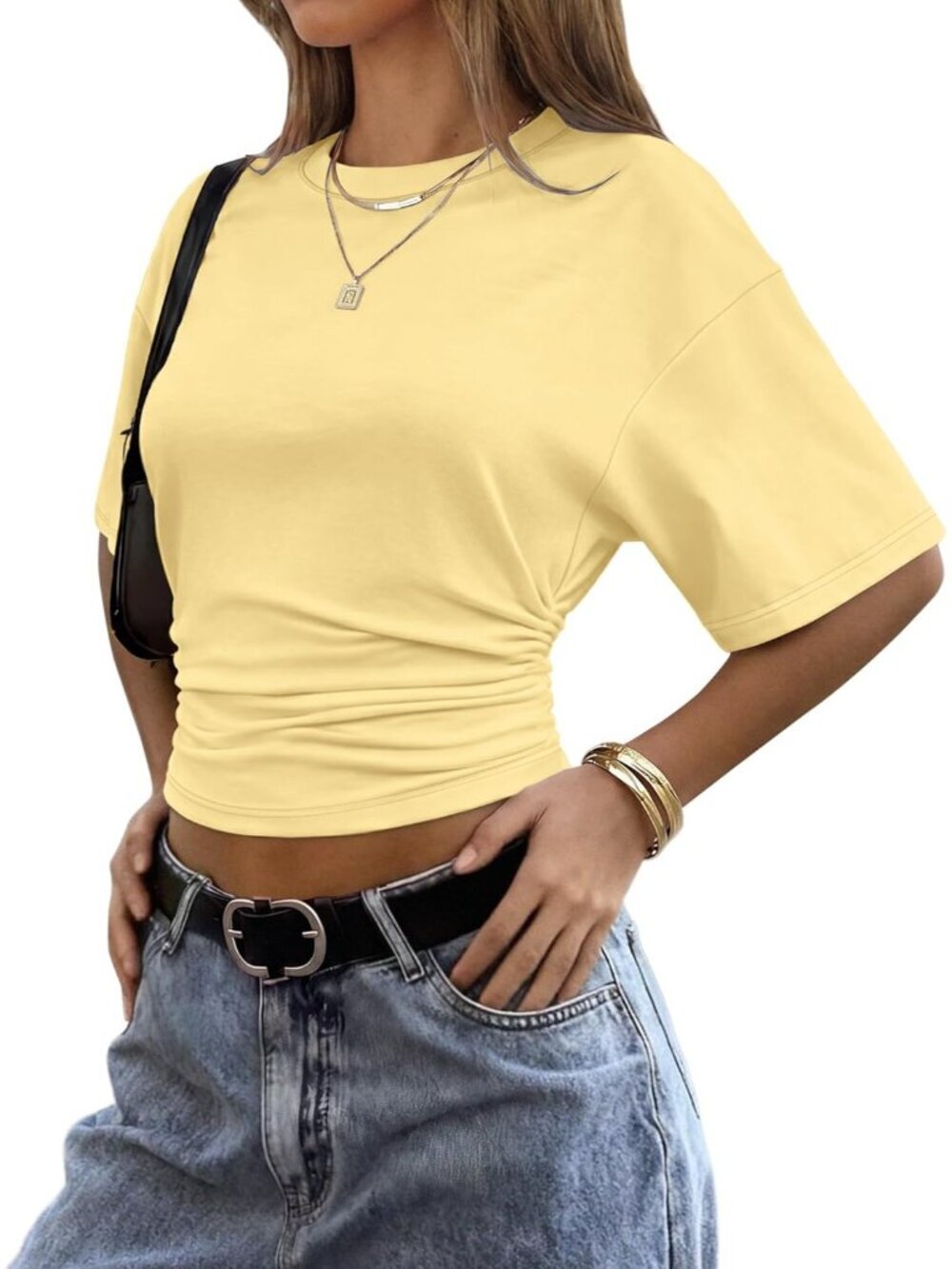 〽️Women Lemon Yellow Trend Batwing Short Sleeve Ruched Waist Slim Fitted T Shirt